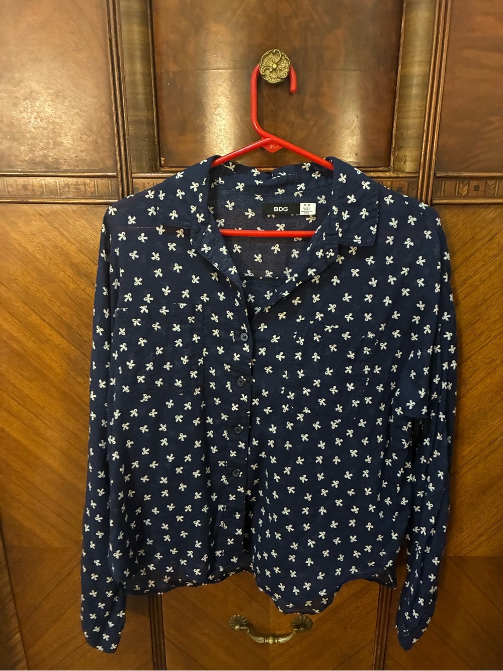 BDG Navy Button-Down Shirt with White Bow Motif